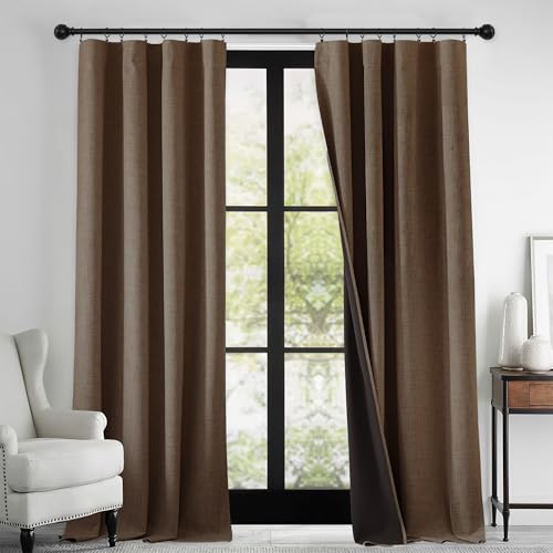 RYB HOME 100% Blackout Linen Textured Curtains 108 inches Long, Thermal Insulating Privacy Energy Saving for Bedroom Living Room Window Office Theater Patio Door, W52 x L108, Brown, 2 Panels - color: Brown, size: 52"W x 108"L (Pack of 2)