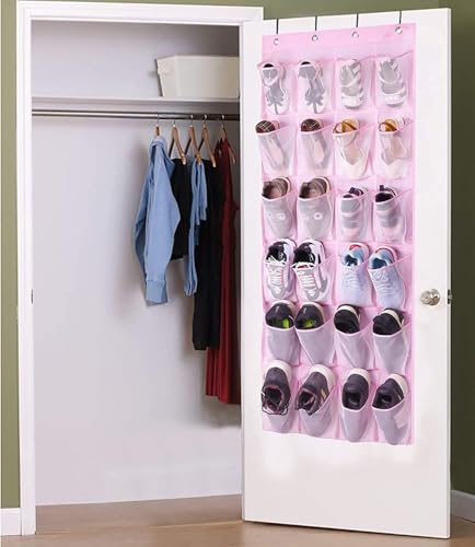 MISSLO Over The Door Shoe Organizer 24 Large Mesh Pockets (Pink) - color: Pink