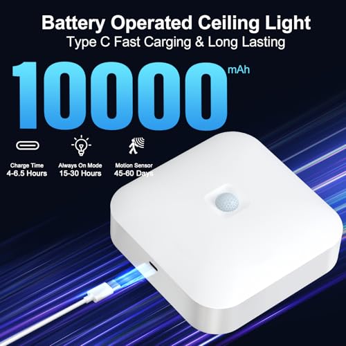 Yunaking Rechargeable Ceiling Light with Motion Sensor: Battery Operated LED Closet Light with Remote & Timing - Wireless Dimmable Magnetic Mount Shower Lamp for Bathroom/Stairs/Garage/Hallway - color: White Square