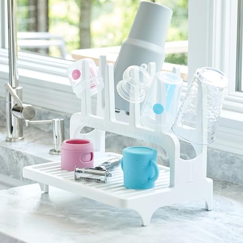 PopYum White Space Saving Drying Rack from 100% Recycled Bottles | Space Saving, Made from 100% Recycled Bottles, Countertop for Baby Bottles, For Plastic Bags, Cups, Glass, Tumblers, Compact - color: White