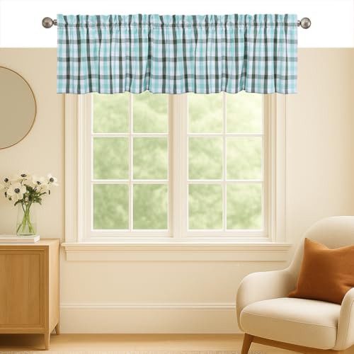 Gingham Valance Curtains, 2 Pack, 54x18 Inches, 100% Cotton Farmhouse Window Valances, Rod Pocket Curtain for Kitchen, Bedroom, Bathroom, Living Room, Mint Green - Aqua Green - White - color: Multi Green - Gingham, size: 18"W x 54"L (Pack of 2)