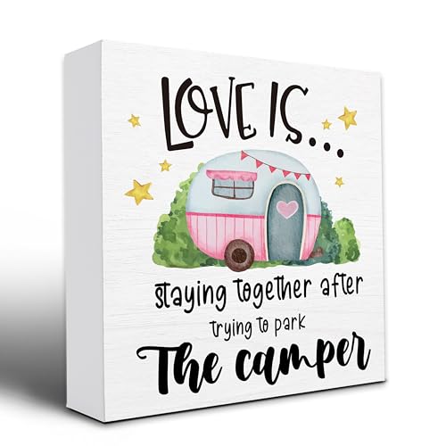 Camping Decor For Camper,Love Is Staying Together After Trying To Park The Camper,Wooden Plaque Sign Box For Home Table Cabin Shelf 5x5 Inches.(103) - color: Love Is Staying Together After Trying To Park The Camper