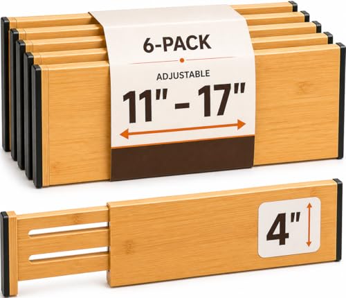 6-Pack Drawer Dividers - 4 Inches High, Adjustable 11 to 17 Inches Bamboo Drawer Organizers, Large Deep Expandable Separators for Clothes, Dresser, Bedroom, Bathroom, Baby, Office, Kitchen Utensils - color: Bamboo, size: 4-Inch High
