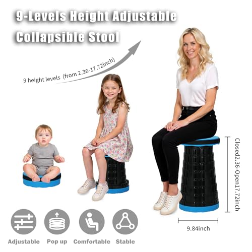 Portable Collapsible Stool, Adjustable Retractable Folding Stools, Upgraded Collapsible Seat for Outdoor Fishing, Hiking, Gardening, Travel, BBQ - Max 400lbs (Blue) - color: Blue Black