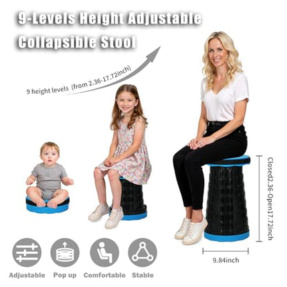 Portable Collapsible Stool, Adjustable Retractable Folding Stools, Upgraded Collapsible Seat for Outdoor Fishing, Hiking, Gardening, Travel, BBQ - Max 400lbs (Blue) - color: Blue Black