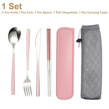 uxcell Travel Utensils with Case, Stainless Steel Portable Silverware, Pink/Silver - color: Pink/Silver