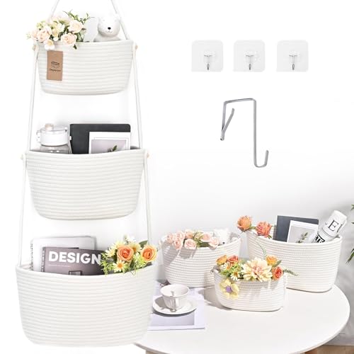 Hanging Basket, 3-Tier Woven Wall Basket with 4 Hooks, Cotton Rope Storage Baskets, Over the Door Organizer for Nursery, Bedroom, Cottage and Boho Wall Decor - color: Pure White, size: Classic