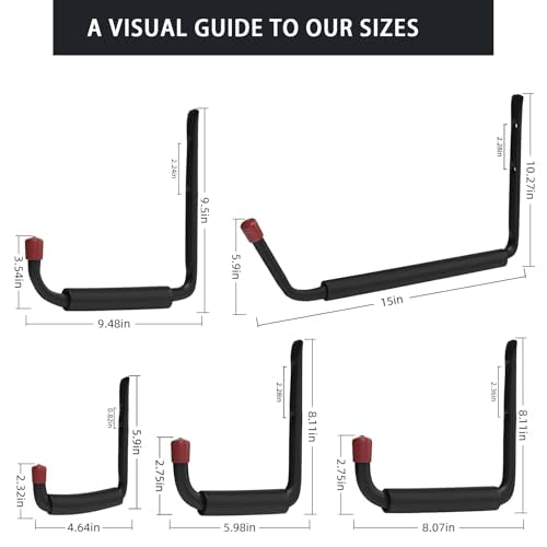 6 Pack Garage Hooks Heavy Duty with EVA Pads and Rubber End Caps, 9.48inch Steel Kayak Storage Hooks for Hanging Bikes, Ladders, Folding Chairs and Garden Tools