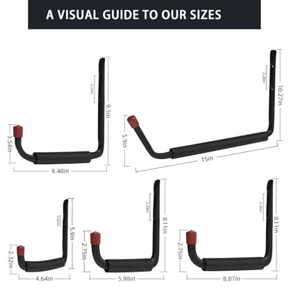 6 Pack Garage Hooks Heavy Duty with EVA Pads and Rubber End Caps, 9.48inch Steel Kayak Storage Hooks for Hanging Bikes, Ladders, Folding Chairs and Garden Tools