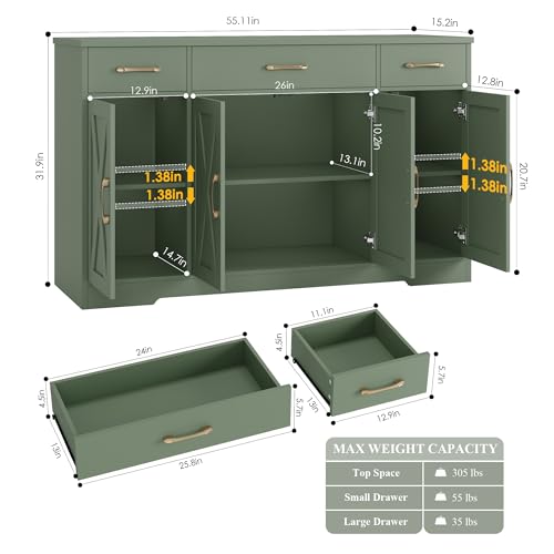 HOSTACK Buffet Sideboard Cabinet with Drawers, 55" Large Buffet Storage Cabinet with Shelves and Doors, Modern Farmhouse Coffee Bar Station for Kitchen, Dining Room, Green - color: Green
