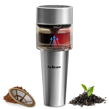 Portable Rapid Coffee Maker – 2-6 Min Quick Brew Electric Coffee & Tea Infuser Makes Smooth, Low-Acid Coffee, 16oz Stainless Steel Travel Cup for Camping, Office, Hiking, Beach, Hotel, RV