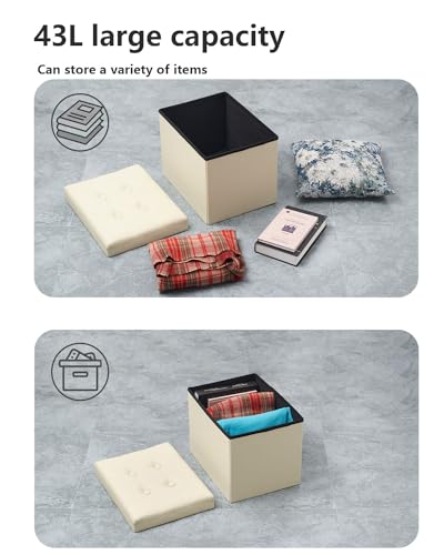 Bsketa Storage Ottoman, Folding Foot Stool with Thicker Foam Padded Seat Small Leather Storage Ottoman Bench Foot Rest for Living Room Foldable Coffee Table 17x13x13in,Beige - color: Beige