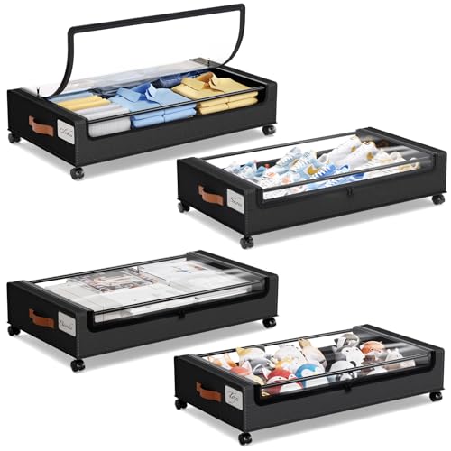 Yecaye 4 Pack Under Bed Storage with Wheels, Under Bed Storage Containers with Lids, Large Under Bed Rolling Storage with Clear Window & Label, Rolling Drawers for Clothes, Blankets, Books - color: Black, size: Large(4pack)