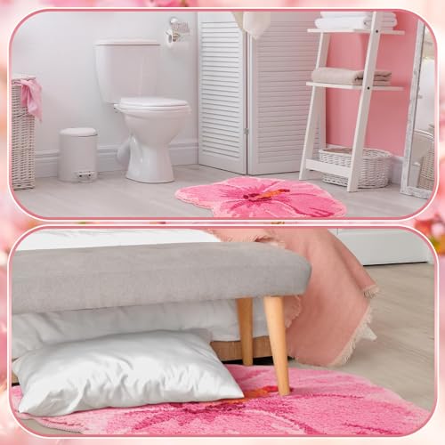 Drydiet Pink Flower Shower Mat Summer Hibiscus Bathroom Rug Flower Shape Shower Mat Door Cute Bath Tropical Summer Bathroom Decoration Non Slip Washable Bath Rug - style: Flowers