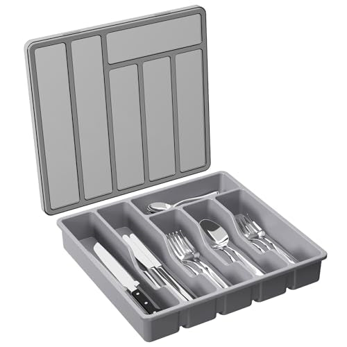 Lifewit Silverware Organizer with Lid, Covered Utensil Tray for Kitchen Drawer and Countertop, Plastic Cutlery and Flatware Storage Box for Spoons Forks Knives Holder Case, 12.6x11.8", Gray - color: Gray, size: 12.6"L x 11.8"W