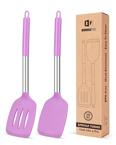 Pack of 2 Silicone Solid Turner, Non Stick Slotted Kitchen Spatulas, High Heat Resistant BPA Free Cooking Utensils, Ideal Cookware for Fish, Eggs, Pancakes(Purple) - color: Purple