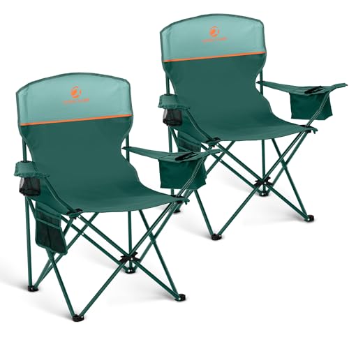 LET'S CAMP Camping Chair 2 Pack Folding Chair with 4-Can Cooler Bag Portable Lawn Chair with Cup Holder,Storage Pocket, Supports 250LBS, Collapsible Chair for Camp, Beach, Picnic (Green) - color: Green