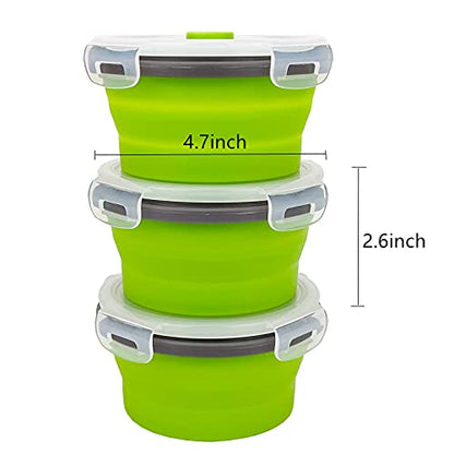 CCyanzi 3piece Round Collapsible Bowl with Lids, Silicone Food Storage Containers, Microwave & Freezer Safe, Space Saving for Kitchen Cabinet and Camping Backpack,(Green Gray) - color: green with gray