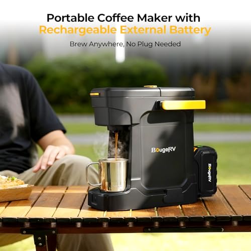 BougeRV Coffee Maker with 18V 8Ah Battery Powered Compatible with K Cup Coffee Pods & Ground Coffee, Portable Coffee Maker Cordless with AC/DC Power for Travel, Camping, Outdoor, Jobsite, RV, Home