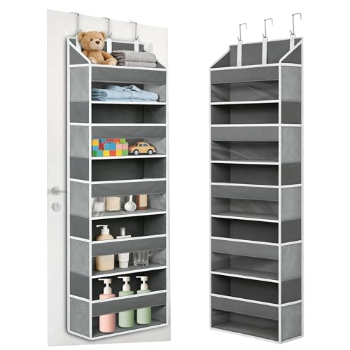 Over the Door Organizer with 5 Large Pockets and 10 Mesh Side Pockets, Hanging Organizer with Clear Windows 44 lbs Weight Capacity for Bedroom, Bathroom, Pantry, Nursery Dark Gray
