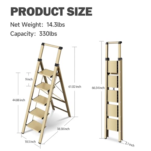 5 Step Step Ladder,Lightweight Folding Step Stool with Anti-Slip Aluminum Wide Pedal&Convenient Handgrip,Steel Ladder for Household and Office(Gold) - color: Gold, size: 5 Step