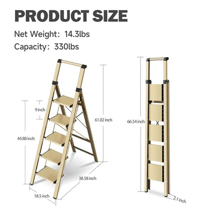 5 Step Step Ladder,Lightweight Folding Step Stool with Anti-Slip Aluminum Wide Pedal&Convenient Handgrip,Steel Ladder for Household and Office(Gold) - color: Gold, size: 5 Step