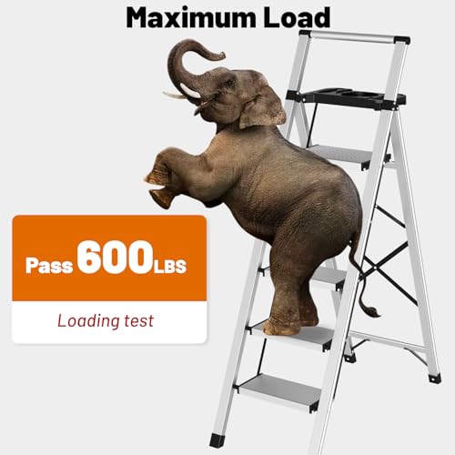 5 Step Ladder with Tool Tray - 600lbs Heavy Duty Lightweight Step Stool with Extended Handrails, Work Platform for Home Maintenance & DIY Projects - size: 5steps with tray