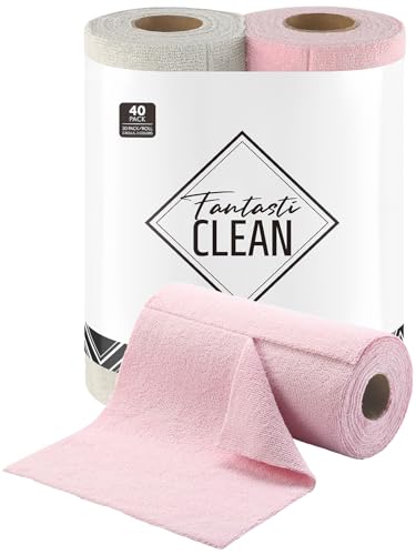 Fantasticlean Kitchen Towels - 40 Sheets - Reusable Washable Dishcloth Rolls, Super Absorbent, Premium Microfiber Cleaning Cloths, 10'' by 10'' (Pink,Grayish) - color: Pink and Grayish