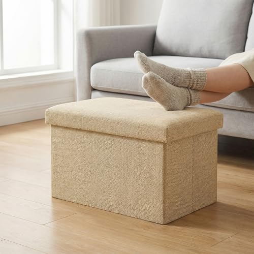 HOZEON 3 Pack 15.7 x 9.8 x 9.9 Inches Folding Storage Ottoman, Khaki Rectangle Footrest Seat, Multifunctional Foot Stool for Living Room, Office, Traveling, Fishing, Camping - color: Khaki