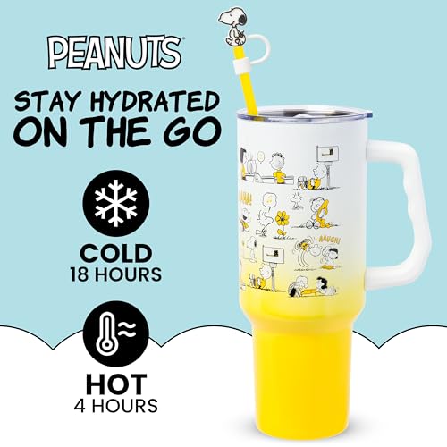 Silver Buffalo Peanuts Iconic Scenes Charlie Brown, Snoopy, Woodstock, Lucy, Sally, Linus Double Walled Stainless Steel Tumbler with Handle, Straw, & Straw Cap, Fits in Standard Cup Holder, 40 Ounces - color: Peanuts Iconic Scenes