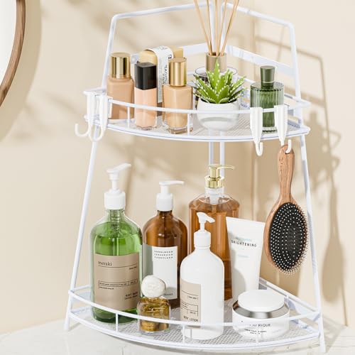 VITVITI 2 Tier Corner Bathroom Counter Organizer, Metal Bathroom Countertop Organizer Shelf Storage, Bath Room Sink Makeup Organizers for Vanity Perfume Skincare with Hooks, White - color: White