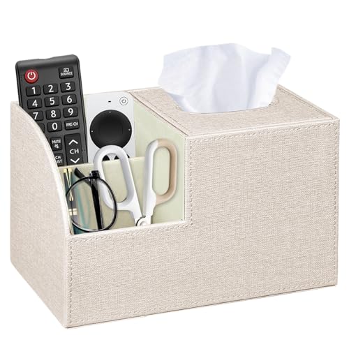 Square Tissue Box Cover with Storage, PU Leather Cube Tissue Box Holder, Remote Control Nightstand Organizer, Modern Desk Caddy for End Table, Bathroom, Bedroom, Home, Office Decor - color: Beige Cloth