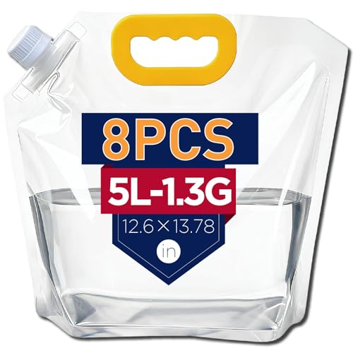 Collapsible Water Container Bag 8Pcs 1.3 Gallon, Freezable Plastic Foldable water Pouch Bag with Handles,Leak-Proof Plastic Storage Jug for Outdoor Sport Camping Emergency Survival - color: 8Pcs 1.3 Gallon Collapsible Water Container Bag