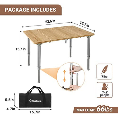 KingCamp Bamboo Folding Table Camping Table with Adjustable Height 4-Folds Compact Small Lightweight Portable Picnic Camp Table for Outdoor Backpacking Beach RV Travel Tailgating Barbecue, 1-2 People