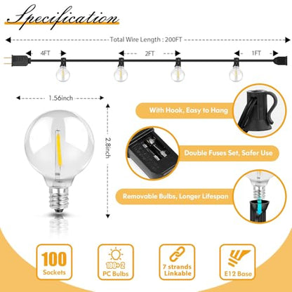 Brightever 200FT Outdoor String Lights Dimmable LED Outside Patio Lights with 100+4 Shatterproof G40 Globe Edison Bulbs, Connectable Commercial String Hanging Lights for Backyard Party Porch Garden - size: 200FT