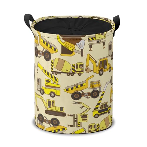 Hand Drawn Construction Trucks and Bulldozers Laundry Basket Collapsible, Dirty Clothes Laundry Hamper for Bedroom Bathroom College Dorm Nursery Toy Organizer Storage Basket Round Gifts Basket - color: Heavy Construction Machines Vehicles