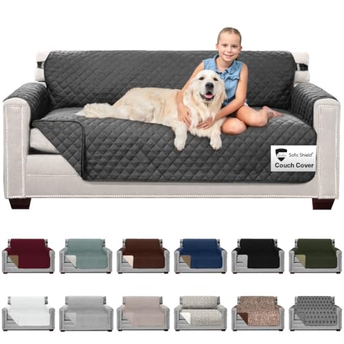 Sofa Shield® Couch Slip Covers for Dogs, Reversible Furniture Protector with Strap, Stain and Tear Resistant Cushion Cover, 70 inch Seat, Machine Washable Slipcover Dog Pets Cats, Charcoal - color: Charcoal/Charcoal, size: Couch Sofa
