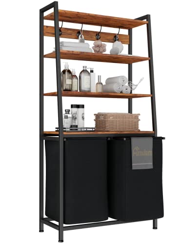 Furnulem 4 Tiers Laundry Hamper with Shelf and Hooks, Tall Laundry Basket Sorter with 2 Removable Bags, Double Clothes Hampers Organizers for Bathroom Bedroom