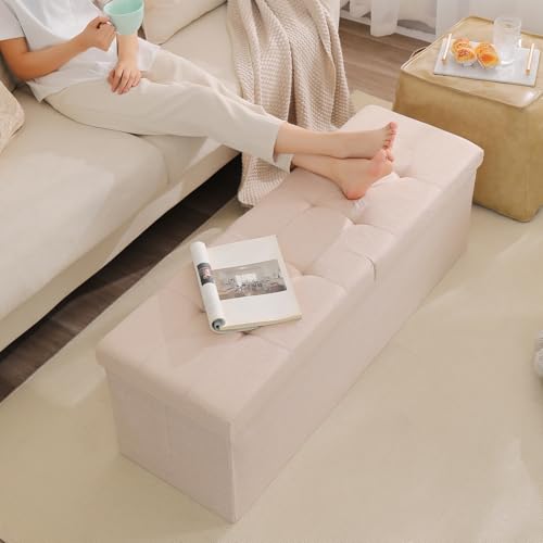 45.3 Inches Ottoman Bench - Foldable Seat, Footrest, Shoe Bench, End of Bed Storage With Flipping Lid, 166L Space, Linen Fabric Emerald - color: Emerald, size: 45.3" Flip