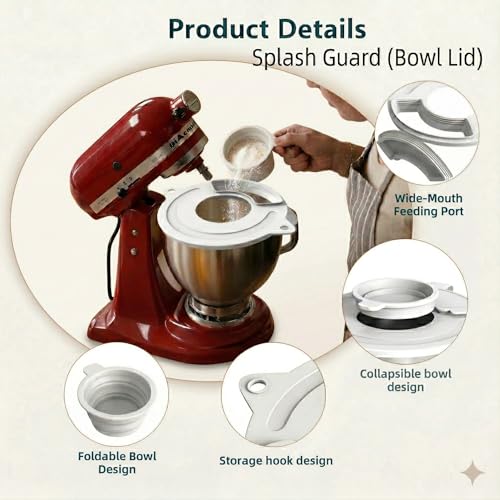 3-Piece Set: Silicone Flour Funnel & Bowl Cover for KitchenAid Mixer 4.5-5 Qt Tilt-Head, Splash Guard Lid with Foldable Measuring Cup for Dough Proofing & Mixing, KitchenAid Mixer Accessori (White） - color: White