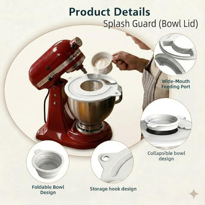 3-Piece Set: Silicone Flour Funnel & Bowl Cover for KitchenAid Mixer 4.5-5 Qt Tilt-Head, Splash Guard Lid with Foldable Measuring Cup for Dough Proofing & Mixing, KitchenAid Mixer Accessori (White） - color: White