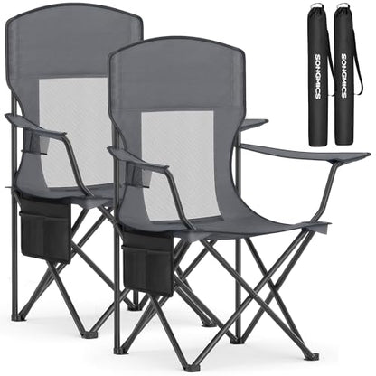 SONGMICS 2 Pack Breathable Camping Chairs, 330 lb Capacity Foldable Outdoor Chairs, High Back, Adjustable Armrests & Cup Holder, for Sports Garden Backyard, Slate Gray UGCB028G01 - color: Grey, style: 2PC (20.3"D x 34"W x 38.2"H)