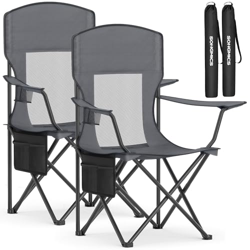SONGMICS 2 Pack Breathable Camping Chairs, 330 lb Capacity Foldable Outdoor Chairs, High Back, Adjustable Armrests & Cup Holder, for Sports Garden Backyard, Slate Gray UGCB028G01 - color: Grey, style: 2PC (20.3"D x 34"W x 38.2"H)