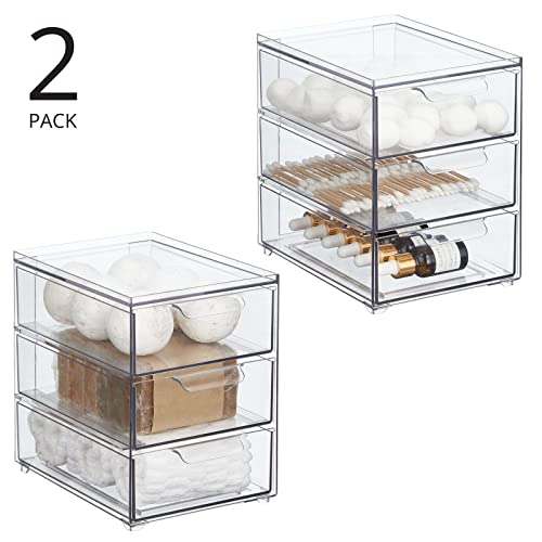 mDesign Plastic Stackable Organizer with 3 Drawers - Pull-Out Drawer Storage Bin for Bathroom Sink/Cabinet Organization - Perfect for Makeup, Small Towels, and More - Lumiere Collection, 2 Pack, Clear - size: 8 x 6 x 8 (Pack of 2)