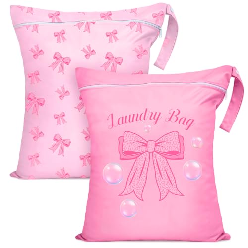 2 Pcs Large Travel Laundry Bags Waterproof Wet Dry Bag, Washable Dirty Clothes Bags for Travel，Drawstring, Bathing Suit, Workout, Gym Clothes Laundry, Swimming Pool & College Dorm, Pink Bow - color: Pink Bow