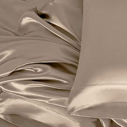 Homiest 3pcs Satin Sheets Set Luxury Silky Satin Bedding Set with Deep Pocket, 1 Fitted Sheet + 1 Flat Sheet + 1 Pillowcase (Twin XL Size, Taupe) - color: Taupe, size: Deep pocket - Twin XL size