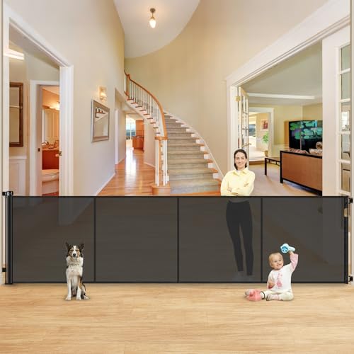 Reinforced 42" Extra Tall X 159" Extra Wide Retractable Pet Gate for Dogs Stop Babies and Pets from Drilling Through Outdoor Retractable Baby Gates Extra Tall Retractable Dog Gate Extra Wide Baby Gate - color: Black, size: 42" Tall x 159" Wide（ With Reinf