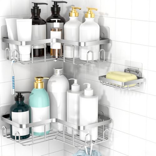 Moforoco Corner Shower Caddy Shelf Organizer Rack, Self Adhesive Black Bathroom Shelves Basket, Home Shower Inside Organization and Storage Decor Rv Accessories, First Apartment Essentials（Silver） - color: Silver