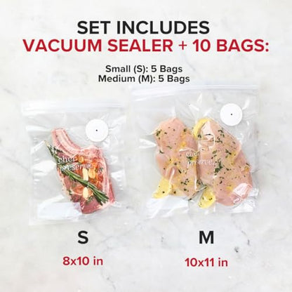 Chef Preserve Compact Vacuum Sealer for Food (Vacuum Sealer Machine + 10 Reusable Vacuum Bags) Powerful Handheld Vacuum Sealer Machine, Seal Meal Saver, Portable Food Sealer - size: Vacuum Sealer + 10 Bags