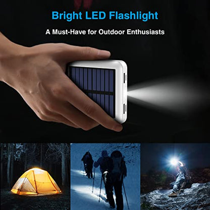 Solar Portable Charger 12000mAh, Small Solar Power Bank, USB C Input/Output External Battery with Built-in 4 Cables, Two-Hand Flashlight, Suitable for iPhone, Tablet Computers and Samsung - color: white